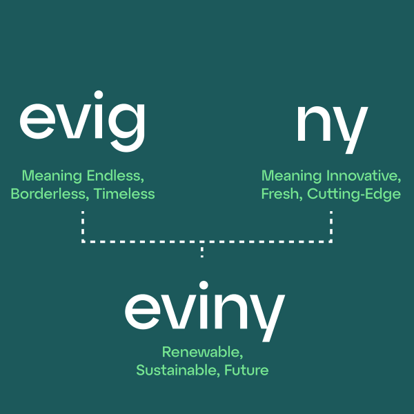 Evig (norwegisches Wort für "unendlich, zeitlos") + ny (norwegischer Ausdruck für "innovativ") = Eviny (nachhaltig, erneuerbar, zukunftsorientiert)